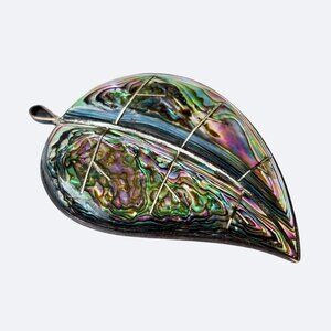 Vtg Sterling Silver Abalone Brooch Leaf-Shaped Nature Sculptural Art 925 Signed